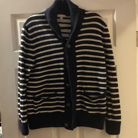 Gap Navy and White Striped Women’s Knit Sweater Cardigan pockets - Picture 1 of 4